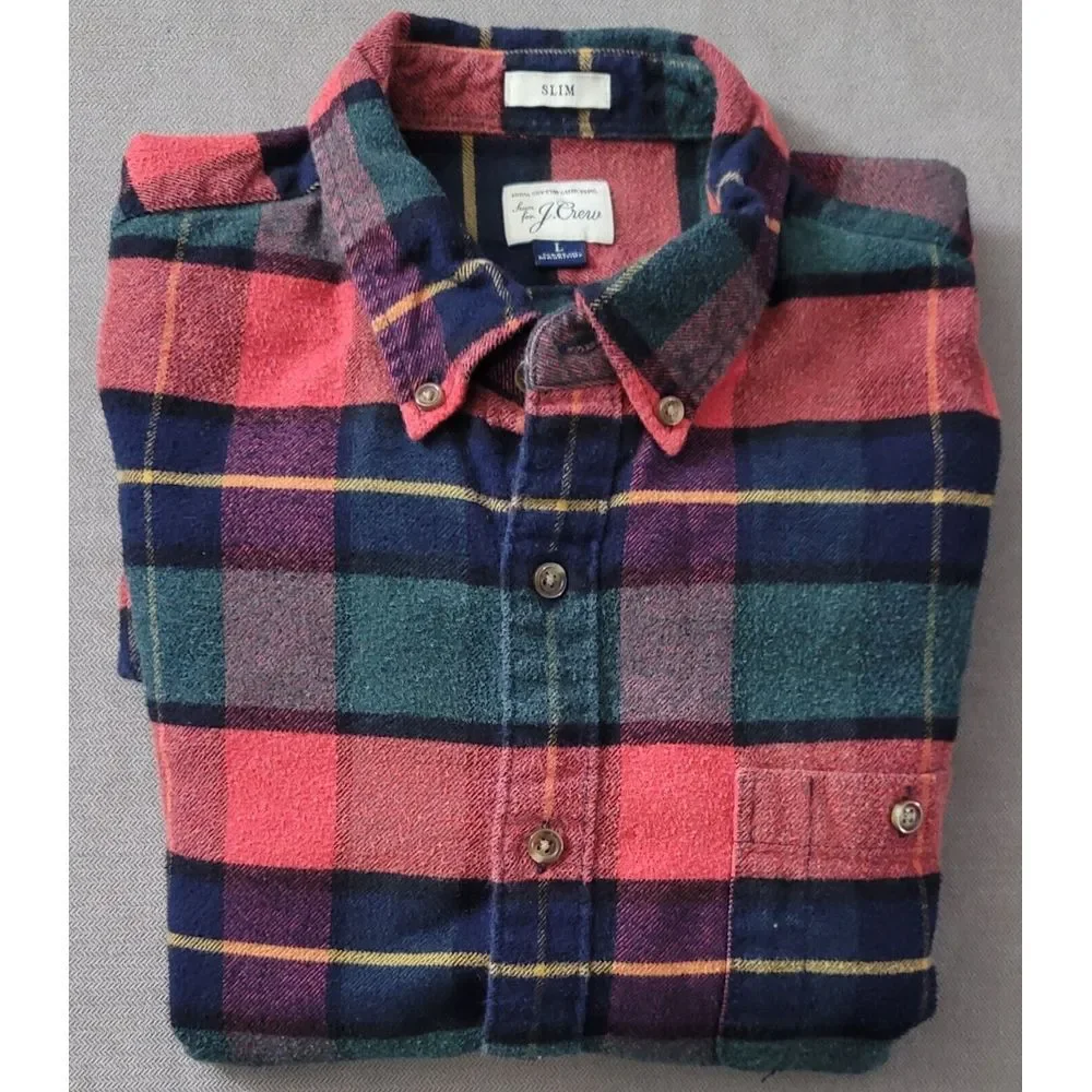 J. Crew Men's Red Green‎ Slim Fit Long Sleeve Flannel Button Up Shirt Size Large